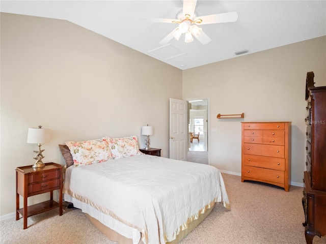 carpeted bedroom with lofted ceiling and ceiling fan