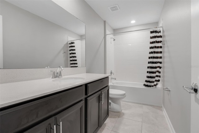 full bathroom with tile patterned flooring, vanity, toilet, and shower / bathtub combination with curtain