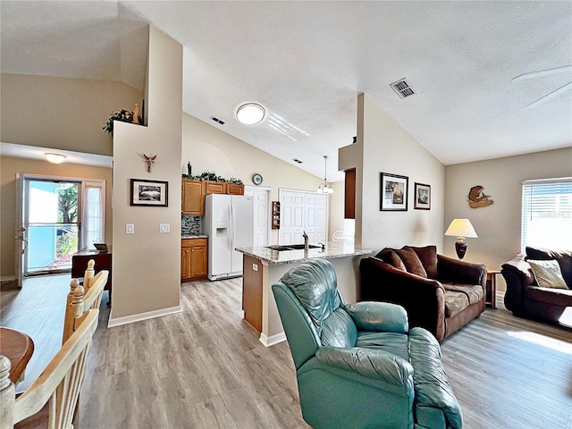 living room with a textured ceiling, a healthy amount of sunlight, lofted ceiling, and light wood-type flooring