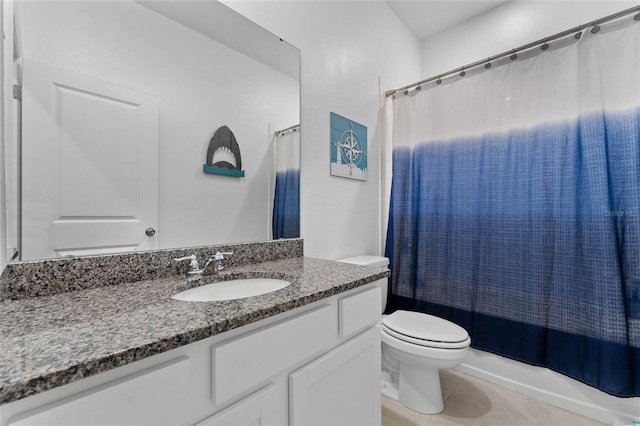 full bathroom with vanity, tile patterned flooring, toilet, and shower / bathtub combination with curtain