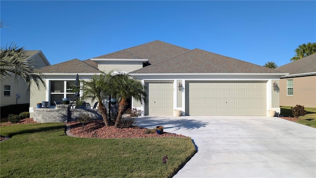 1881 Sassparilla Way, The Villages, FL 32162 - single story home featuring a garage, driveway, stucco siding, a front lawn, and a shingled roof