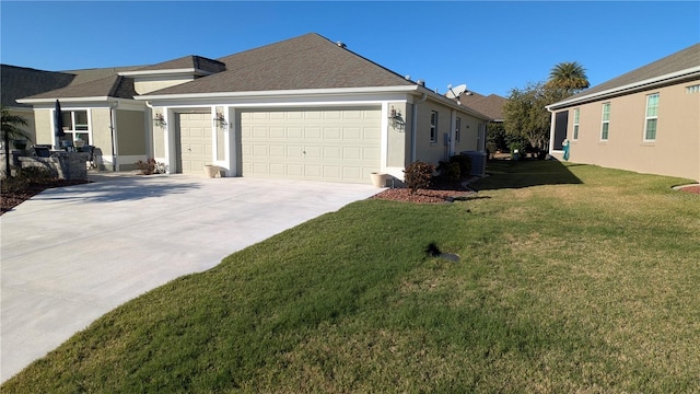 1881 Sassparilla Way, The Villages, FL 32162 - view of side of home with a garage, concrete driveway, a lawn, stucco siding, and a shingled roof