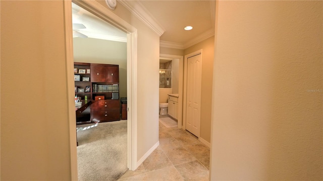 1881 Sassparilla Way, The Villages, FL 32162 - hall with crown molding, a desk, and light tile patterned floors