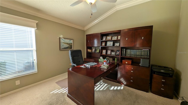 carpeted office featuring a textured ceiling, ceiling fan, lofted ceiling, and ornamental molding