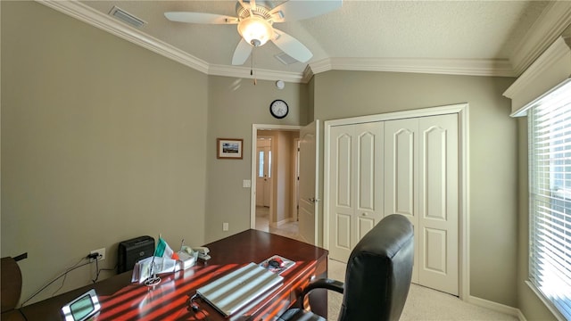 1881 Sassparilla Way, The Villages, FL 32162 - office space with a ceiling fan, vaulted ceiling, and ornamental molding
