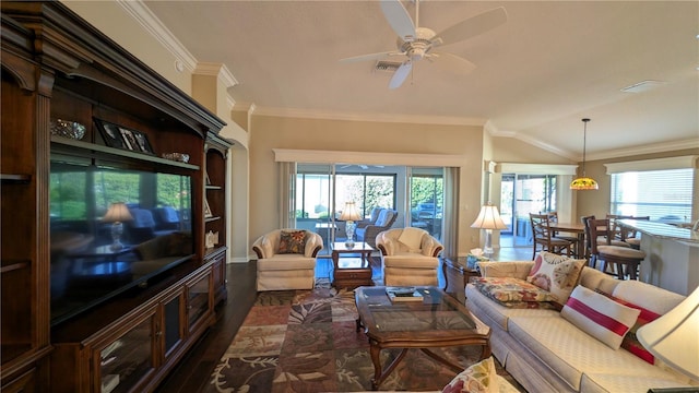 living room featuring dark hardwood / wood-style flooring, vaulted ceiling, ceiling fan, and crown molding