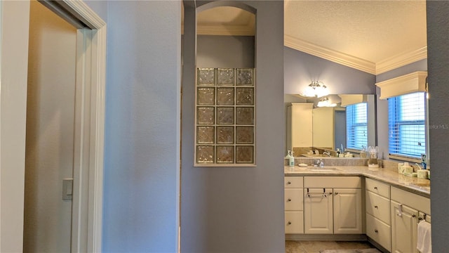 1881 Sassparilla Way, The Villages, FL 32162 - bathroom featuring crown molding, vanity, vaulted ceiling, and a textured ceiling