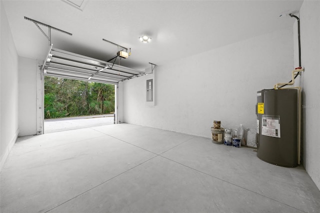 garage featuring electric panel, electric water heater, and a garage door opener