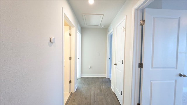 hallway with dark hardwood / wood-style floors