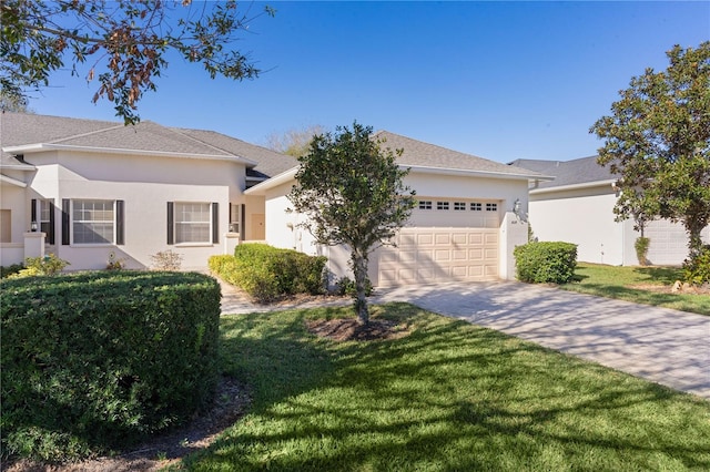 ranch-style house featuring stucco siding, a front yard, concrete driveway, and an attached garage