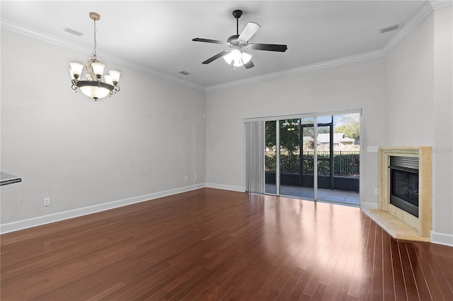 unfurnished living room with wood-type flooring, ceiling fan with notable chandelier, and ornamental molding