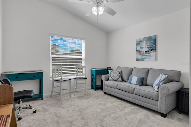 carpeted living room featuring vaulted ceiling and ceiling fan