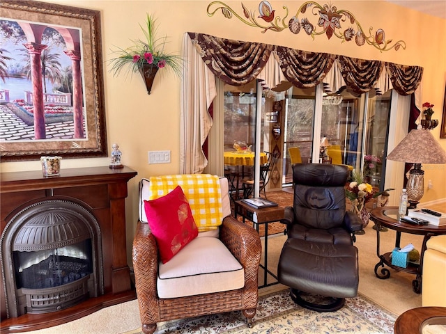 living area with carpet flooring