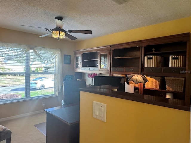 office featuring carpet flooring, a textured ceiling, and ceiling fan