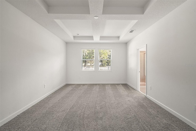 carpeted spare room featuring a tray ceiling and a textured ceiling