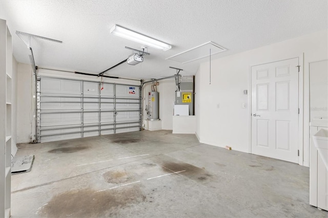 garage with gas water heater, a garage door opener, and heating unit