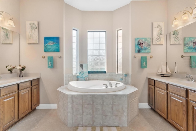 bathroom featuring tile patterned floors, vanity, and tiled tub