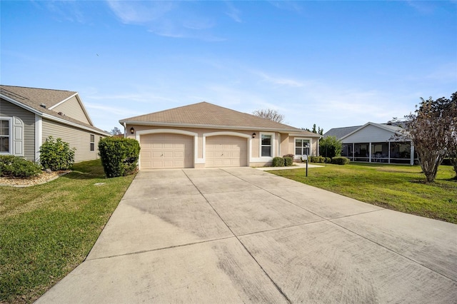 ranch-style house with a garage and a front yard