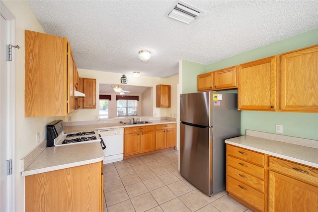 kitchen with stainless steel fridge, stove, ceiling fan, sink, and dishwasher