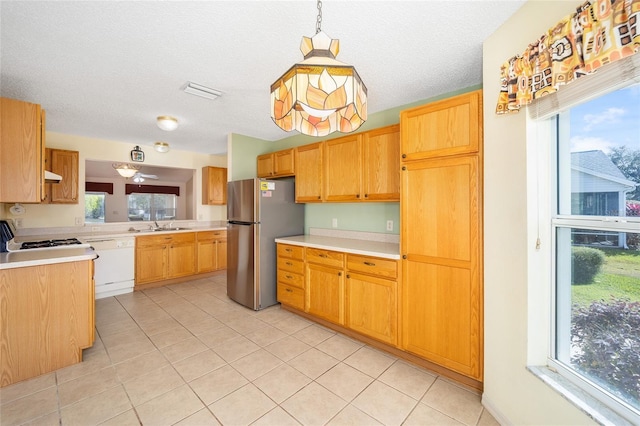 kitchen featuring stainless steel refrigerator, dishwasher, pendant lighting, and plenty of natural light