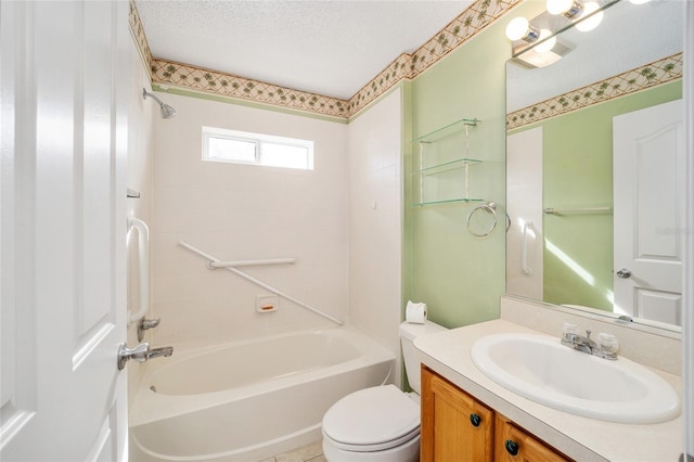 full bathroom featuring vanity, toilet, a textured ceiling, and shower / washtub combination