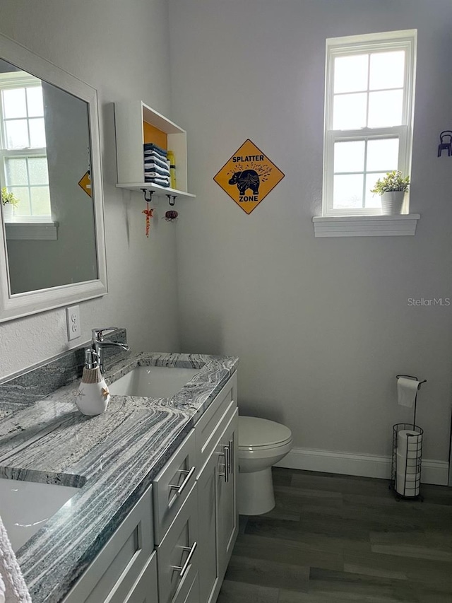 bathroom featuring wood-type flooring, plenty of natural light, vanity, and toilet