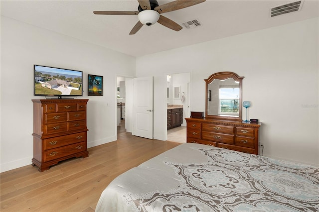 bedroom featuring connected bathroom, ceiling fan, and light hardwood / wood-style floors