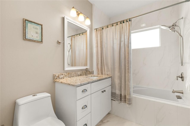 full bathroom featuring vanity, toilet, and shower / bath combo with shower curtain