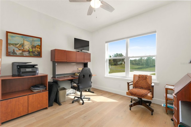 office space featuring ceiling fan and light hardwood / wood-style flooring