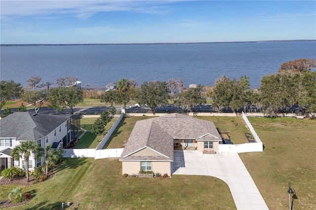 aerial view featuring a water view