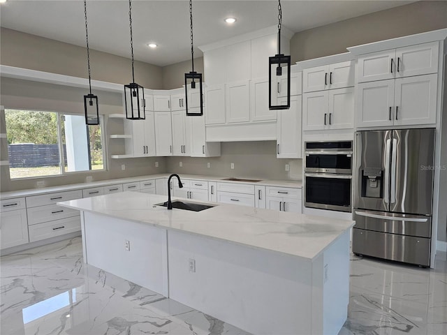 42200 Chinaberry St, Eustis, FL 32736 - kitchen with stainless steel appliances, a sink, recessed lighting, light marble finish flooring, and open shelves