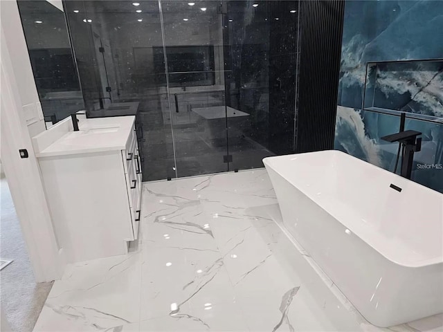 42200 Chinaberry St, Eustis, FL 32736 - bathroom with marble tiled flooring, vanity, a soaking tub, and a shower stall