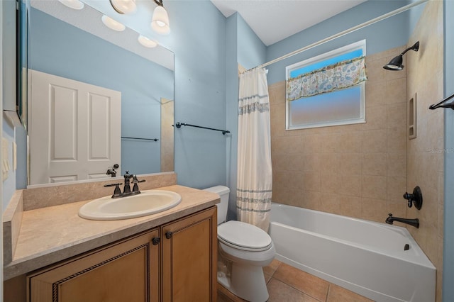 full bathroom featuring toilet, shower / tub combo, vanity, and tile patterned floors