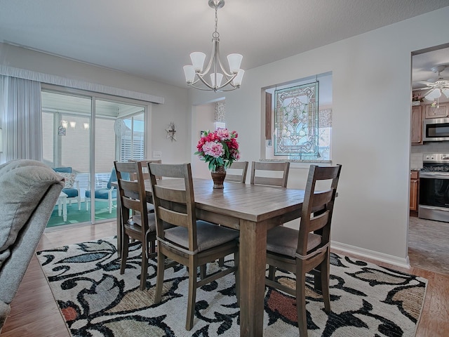 dining room with light hardwood / wood-style floors and ceiling fan with notable chandelier