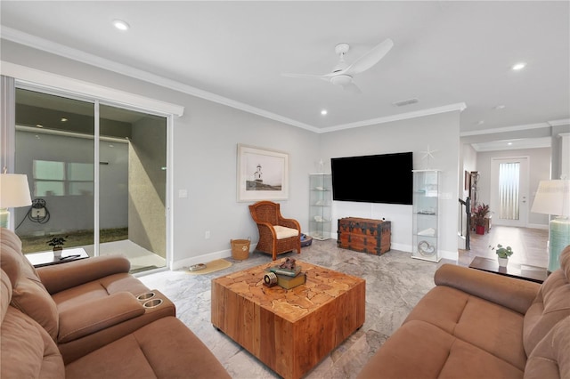 living room with ceiling fan and crown molding