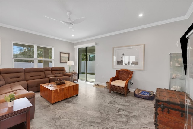 living room with ceiling fan and crown molding