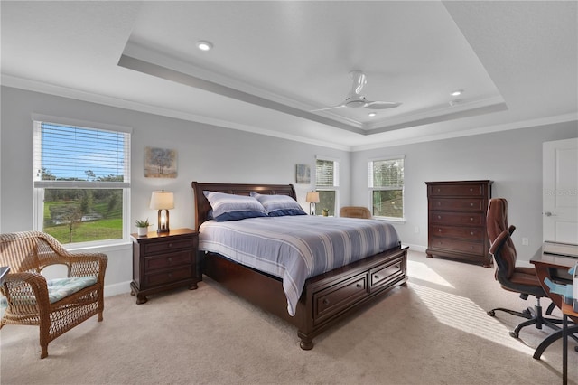 carpeted bedroom with a raised ceiling, ceiling fan, and ornamental molding