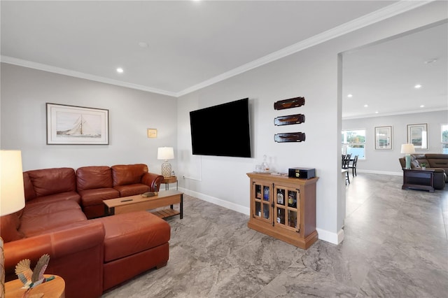 living room with crown molding