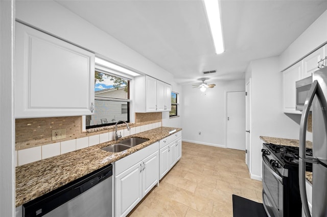 kitchen featuring white cabinetry, stone counters, sink, and appliances with stainless steel finishes