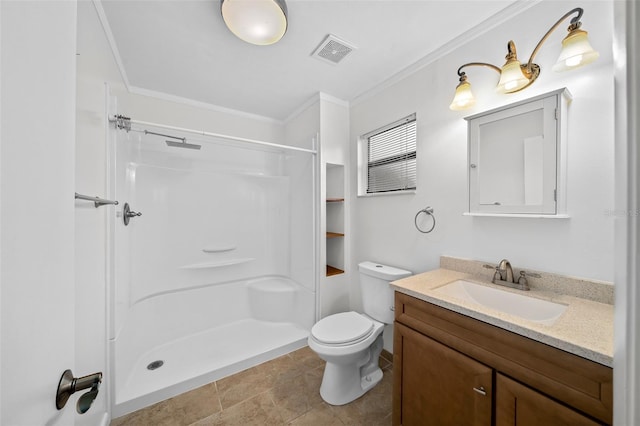 bathroom featuring a shower, vanity, toilet, and crown molding