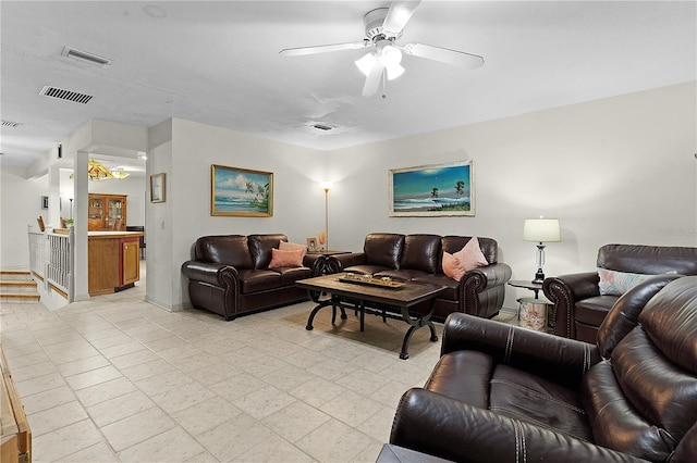 living room featuring ceiling fan