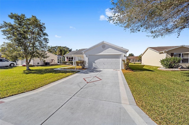 single story home featuring a garage and a front lawn