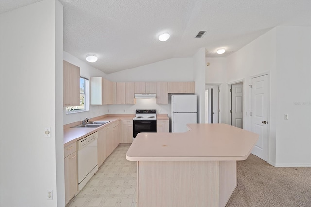 kitchen featuring a kitchen island, sink, white appliances, a textured ceiling, and light brown cabinetry