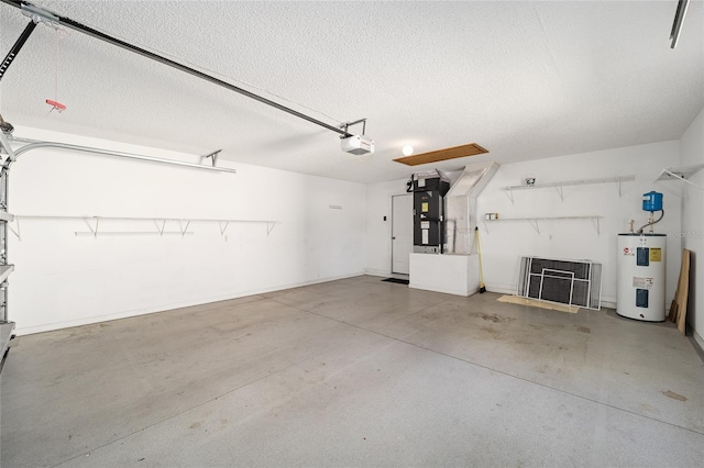 garage with electric water heater, heating unit, and a garage door opener