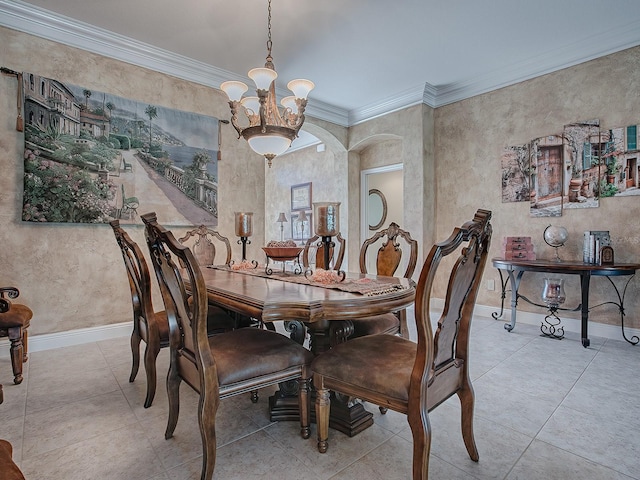 tiled dining room with ornamental molding and a chandelier