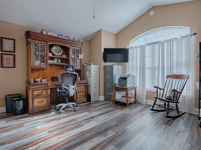 office featuring wood-type flooring and lofted ceiling