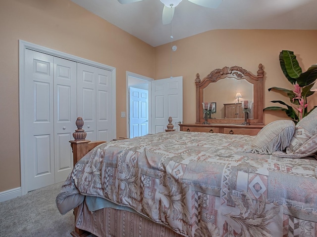 bedroom featuring carpet floors, a closet, ceiling fan, and lofted ceiling