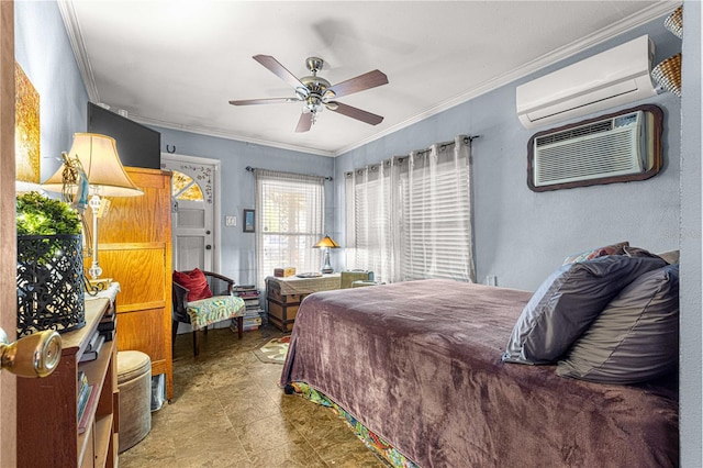 bedroom with a wall mounted air conditioner, ceiling fan, and ornamental molding