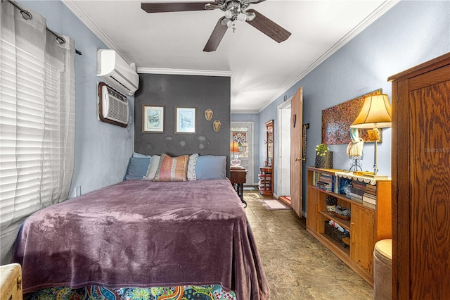 bedroom with multiple windows, ceiling fan, crown molding, and a wall mounted air conditioner