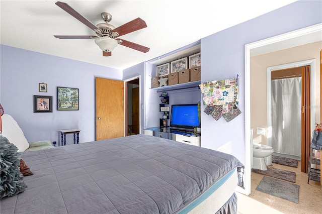 bedroom featuring connected bathroom and ceiling fan